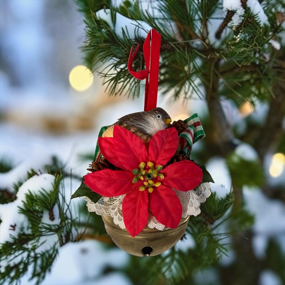 VINTAGE Gold Bell Poinsettia & Bird Plaid Ribbon Christmas Tree Xmas Ornament
